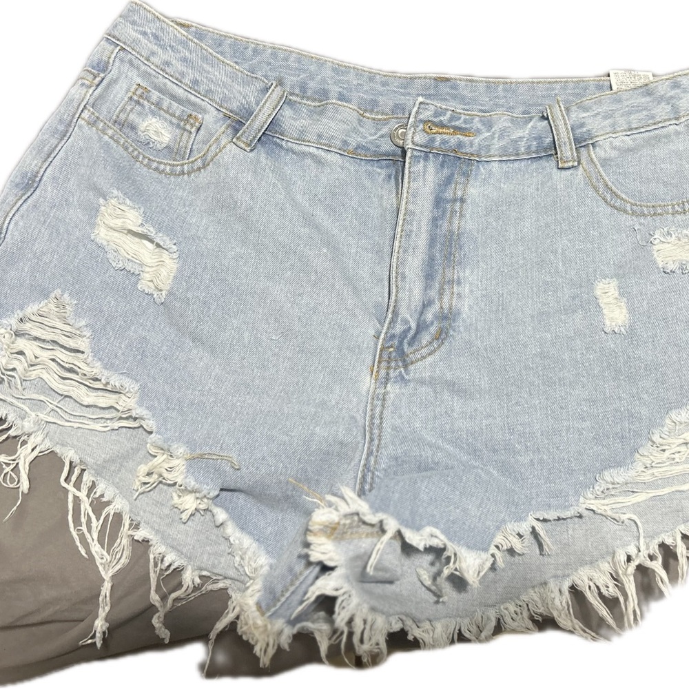 Distressed Light Blue Denim Shorts